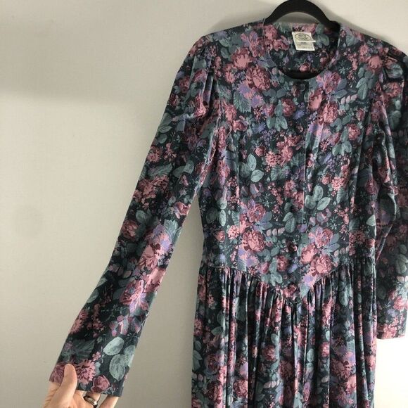 Laura Ashley Size USA 12 Floral Basque Waist Button Tea‎ Dress Made In Ireland - Picture 9 of 16